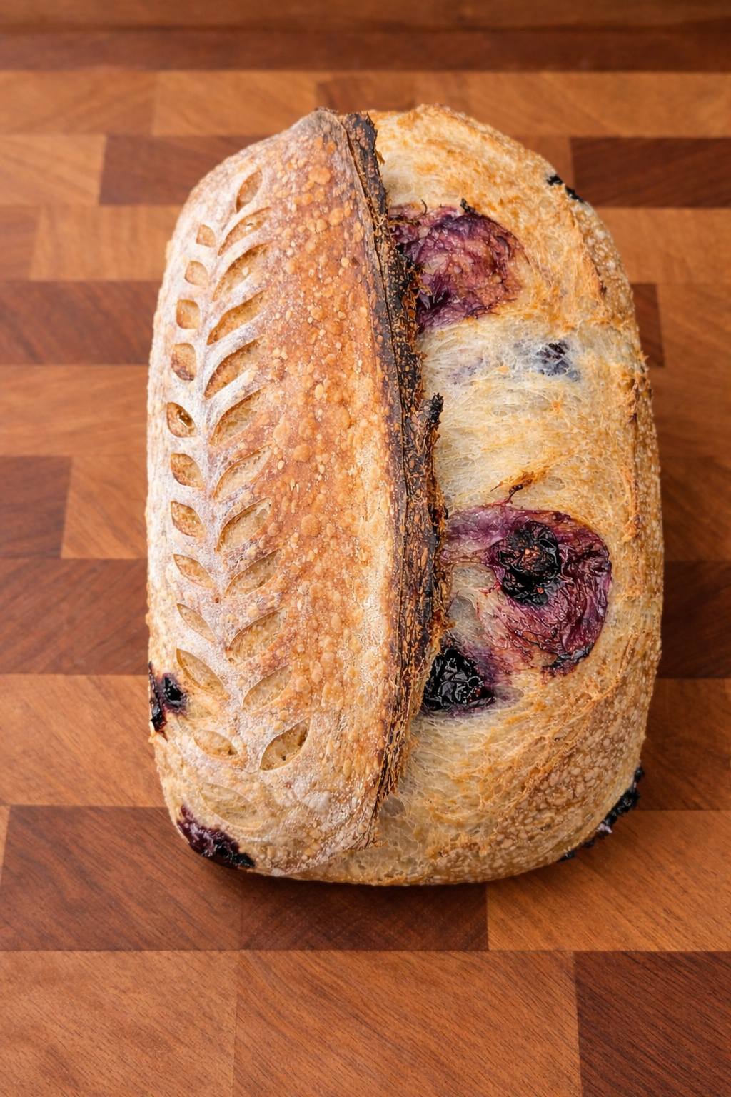 Blueberry lemon sourdough loaf with leaf-scored crust